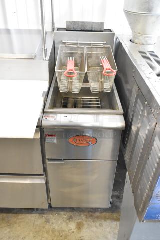 2024 Avantco 177FF40L stainless steel fryer with 2 metal baskets, propane gas powered, 90,000 BTU, on commercial casters.