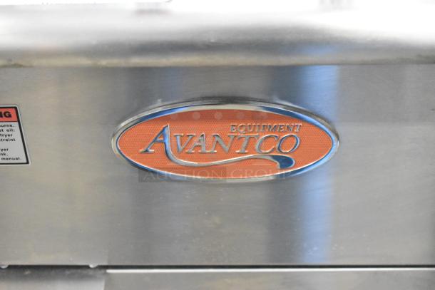 2024 Avantco 177FF40L stainless steel commercial deep fat fryer with two metal fry baskets, propane gas powered, 90,000 BTU.