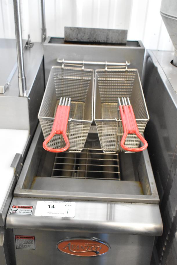 2024 Avantco 177FF40L stainless steel commercial propane fryer, with 2 metal baskets on casters, 90,000 BTU.