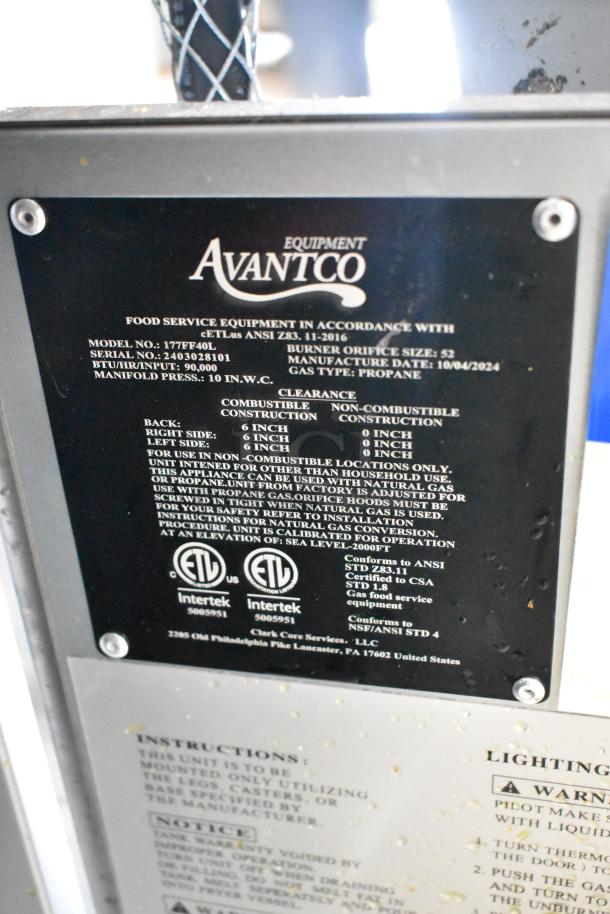 2024 Avantco 177FF40L propane gas fryer, stainless steel, 90,000 BTU, with 2 metal baskets, on commercial casters. 