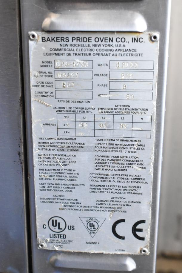 Bakers Pride EP8-5736 stainless steel commercial pizza oven label, detailing 208V, 3-phase, 1200W power, and safety information.