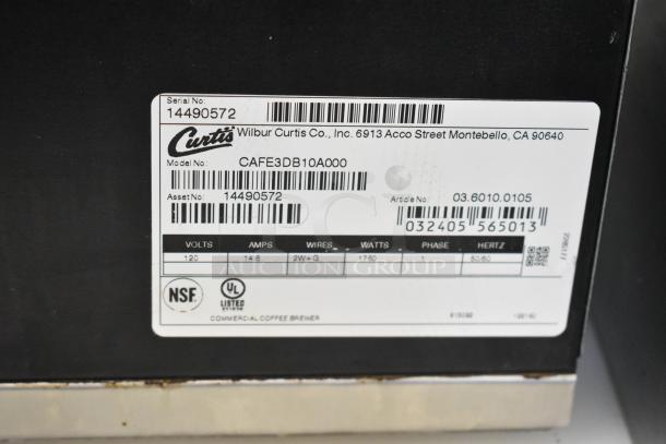 Curtis CAFE3DB10A000 commercial 3 burner range label, stainless steel, 120V, 1 phase, with poly brew basket.