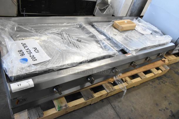Brand new 2024 Cooking Performance Group 72" gas countertop griddle, model 351GTCPG72NL, stainless steel, 180,000 BTU, thermostatic controls, labeled "PCI JULY25-203 876."