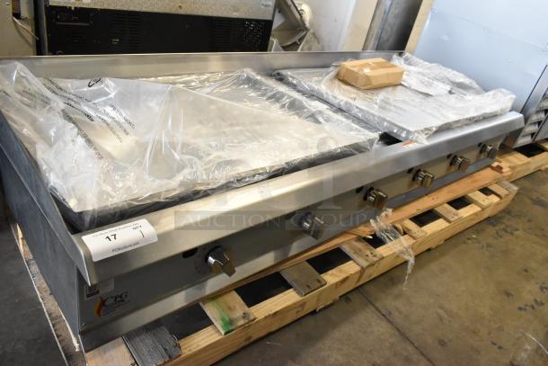 Brand new Cooking Performance Group CPG 351GTCPG72NL 72" stainless gas griddle, thermostatic controls, 180,000 BTU, in packaging.