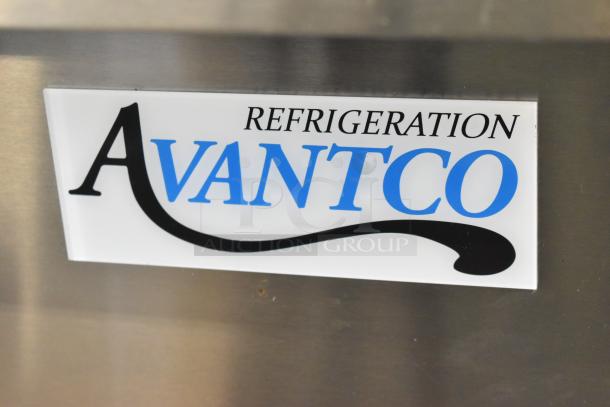 Alt text: "Avantco Refrigeration logo on a stainless steel surface of the 2024 Avantco 178APT71MHC prep table."