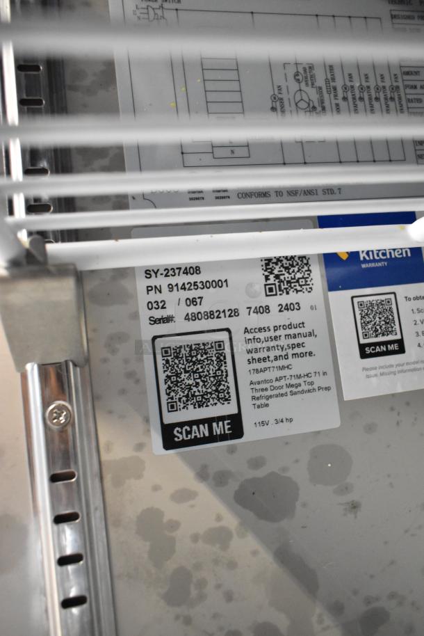 2024 Avantco 178APT71MHC stainless steel prep table label, showing serial number, QR codes for product info, and more.