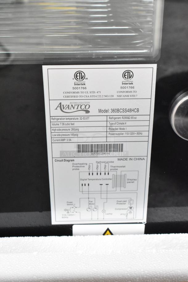 Brand new Avantco 360BCSS48HCB 48" black refrigerated display case, LED lighting, 110-120V, 1 phase. Scratch and dent.