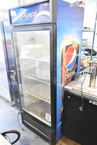 IDW 2020 G-26-C-3-3-4-B-5 commercial cooler, Pepsi branding, single glass door, poly coated racks, 115V, 1 phase.