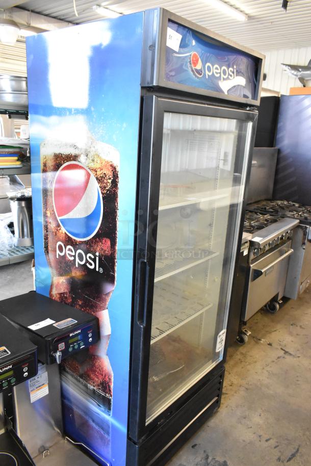 2020 IDW G-26-C-3-3-4-B-5 single door cooler, Pepsi branding, poly-coated racks, 115V, 1 phase, good condition.