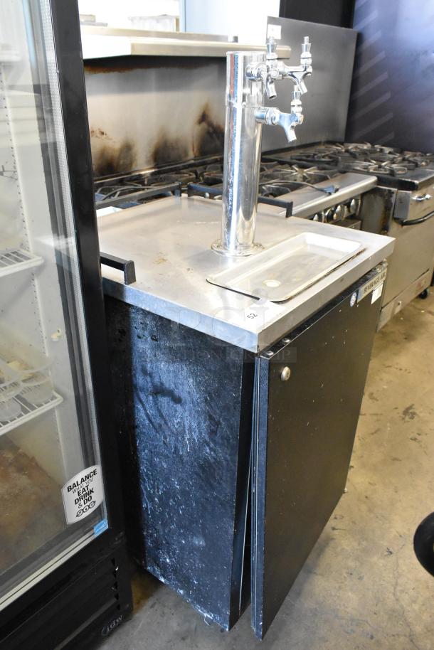 Beverage Air BM23-B kegerator with beer tower and 3 couplers, on commercial casters. Black metal finish, 115V, 1 phase.