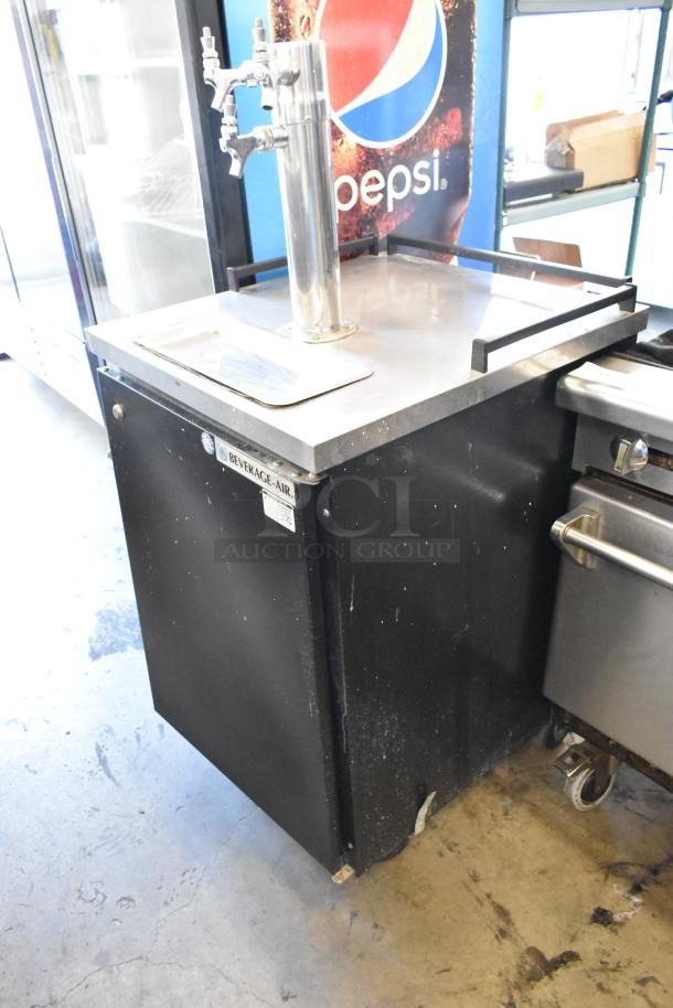 Beverage Air BM23-B kegerator with beer tower, 3 couplers, on commercial casters. Metal body, black finish, model label visible.