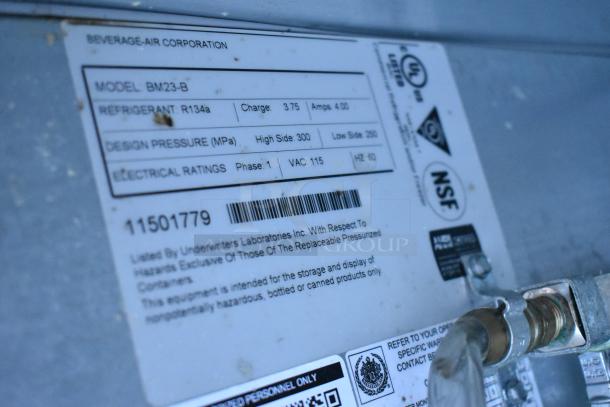 Beverage Air BM23-B kegerator label showing model and specifications; 115 volts, 1 phase, refrigerant R134a.