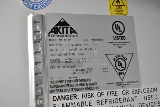 Akita AGF-43-NY metal commercial cooler label, details voltage (115V) and refrigerant type (R-290). UL listed.