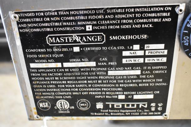 Town SM-24-R-SS-P stainless steel propane gas upright Chinese smoker; commercial-grade; detailed label visible.