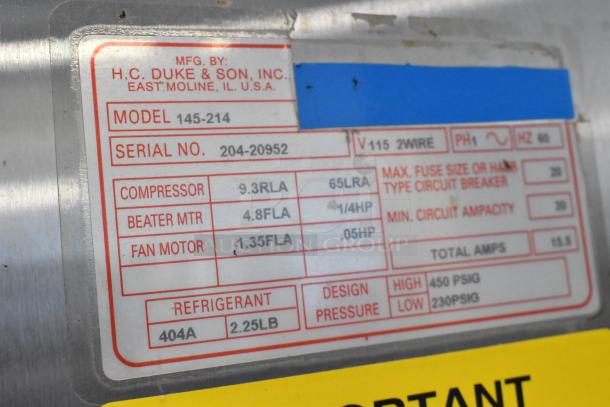 Duke Electro Freeze 145-214 slushie machine label showing specifications and serial number 204-20952.
