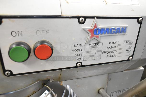 2019 Omcan SP200A commercial mixer with labels showing model and specs; includes bowl guard and whisk.
