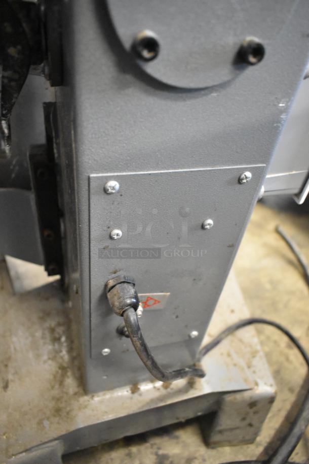 Metal commercial countertop 20-quart planetary dough mixer base with power cord detail. 115 Volts, 1 Phase.