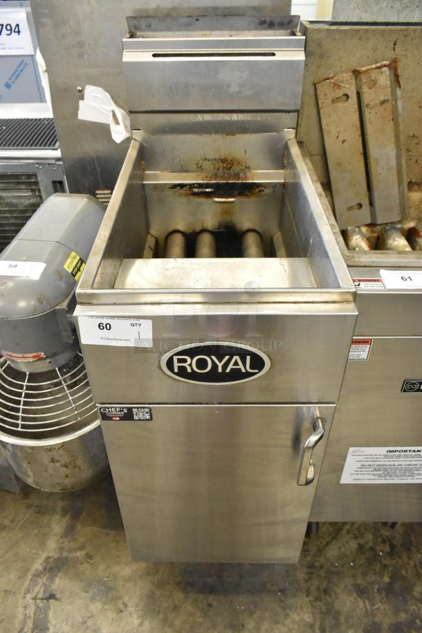 Royal RPT-50 stainless steel deep fat fryer, natural gas-powered, on casters, used condition, visible branding and labels.