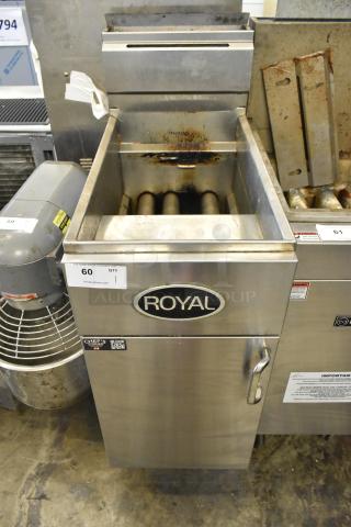 Royal RPT-50 stainless steel deep fat fryer, natural gas-powered, on casters, used condition, visible branding and labels.