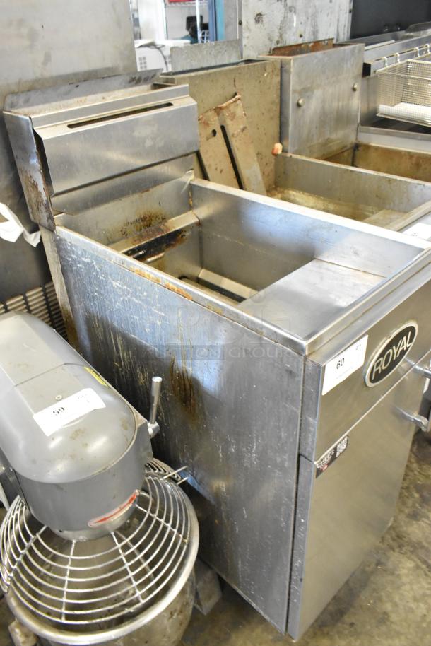 Stainless steel Royal RPT-50 natural gas deep fat fryer on casters, used condition, with Royal branding visible.
