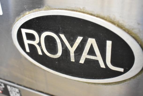 Royal RPT-50 stainless steel floor-style deep fat fryer, natural gas, on commercial casters. Royal logo visible.