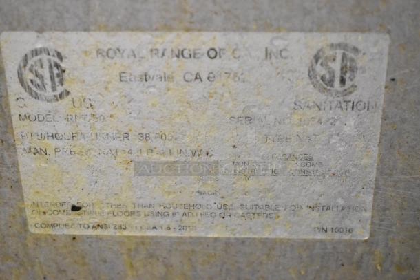 Royal RPT-50 Stainless Steel Commercial Deep Fat Fryer, natural gas-powered, on casters, model labeling visible.