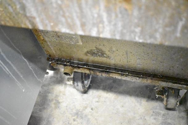 Royal RPT-50 stainless steel deep fat fryer, commercial casters visible, showing moderate wear. Natural gas powered.