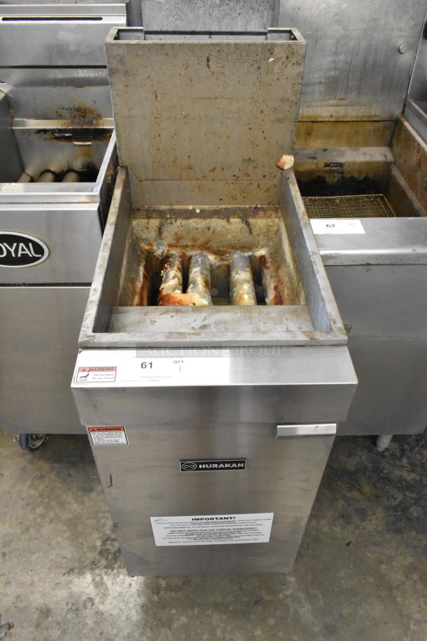 2024 Hurakan HKN-FXF40A/US stainless steel commercial fryer on casters. Natural gas, 90,000 BTU. Used condition, visible residue.