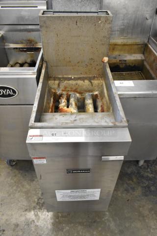 2024 Hurakan HKN-FXF40A/US stainless steel commercial fryer on casters. Natural gas, 90,000 BTU. Used condition, visible residue.