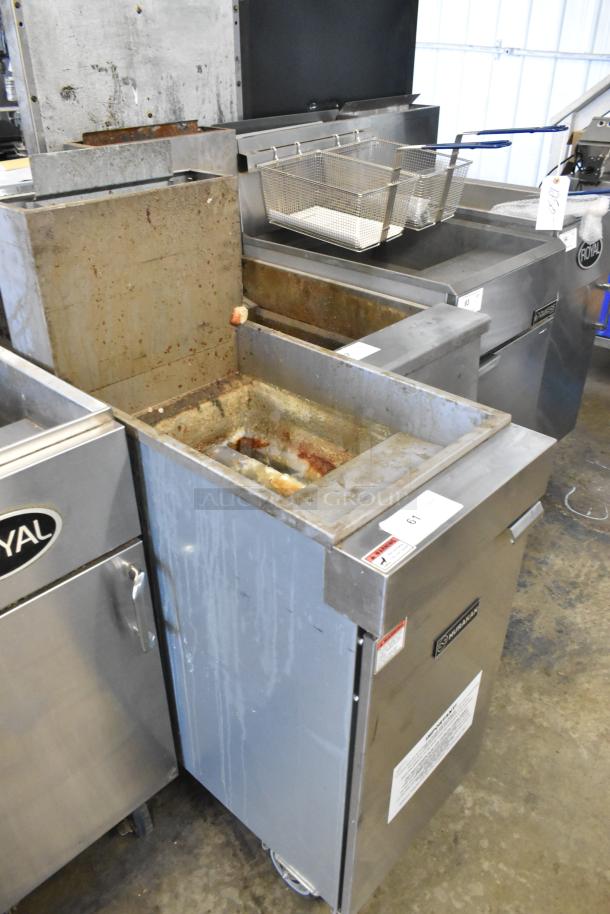 2024 Hurakan HKN-FXF40A/US stainless steel natural gas floor fryer, 90,000 BTU, on casters, used condition.