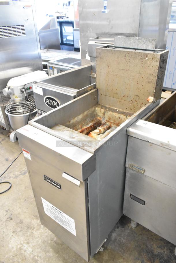 2024 Hurakan HKN-FXF40A/US stainless steel commercial gas deep fat fryer; 90,000 BTU; well-used condition; on casters.