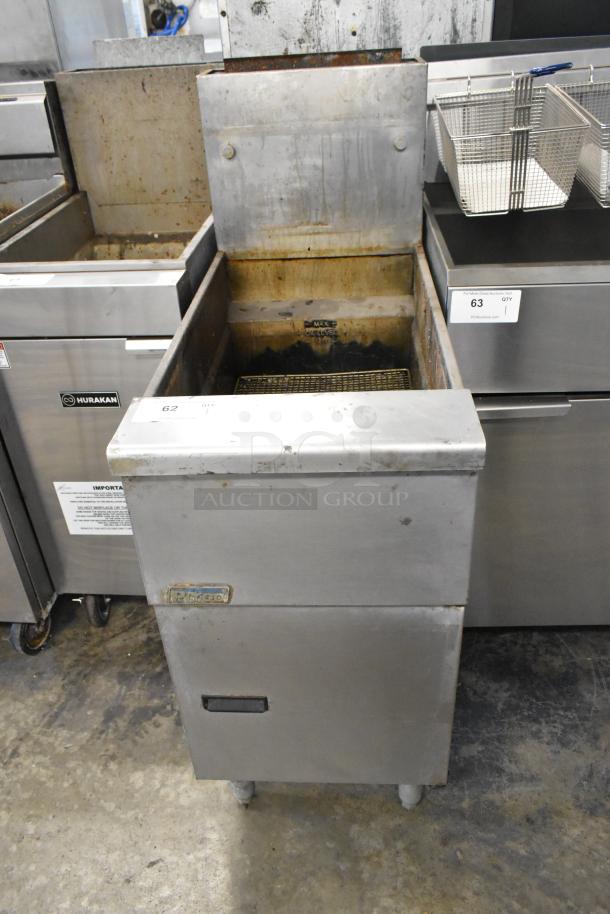 Pitco Frialator SG14 stainless steel gas deep fryer, 110,000 BTU. Floor style, visible wear, label intact.