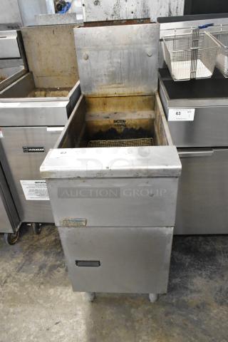 Pitco Frialator SG14 stainless steel gas deep fryer, 110,000 BTU. Floor style, visible wear, label intact.