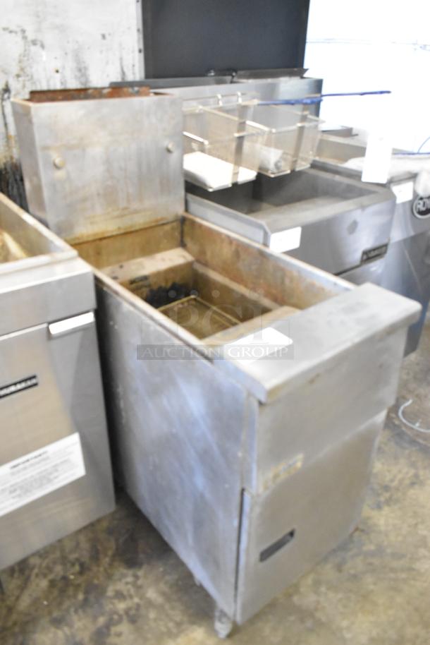 Pitco Frialator SG14 stainless steel commercial deep fryer, natural gas powered, 110,000 BTU. Floor style, used.