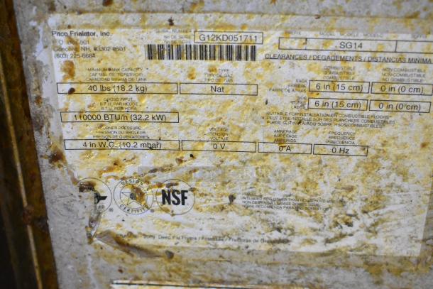 Pitco Frialator SG14 label showing specifications: natural gas, 110,000 BTU, 40 lbs capacity, NSF certified.