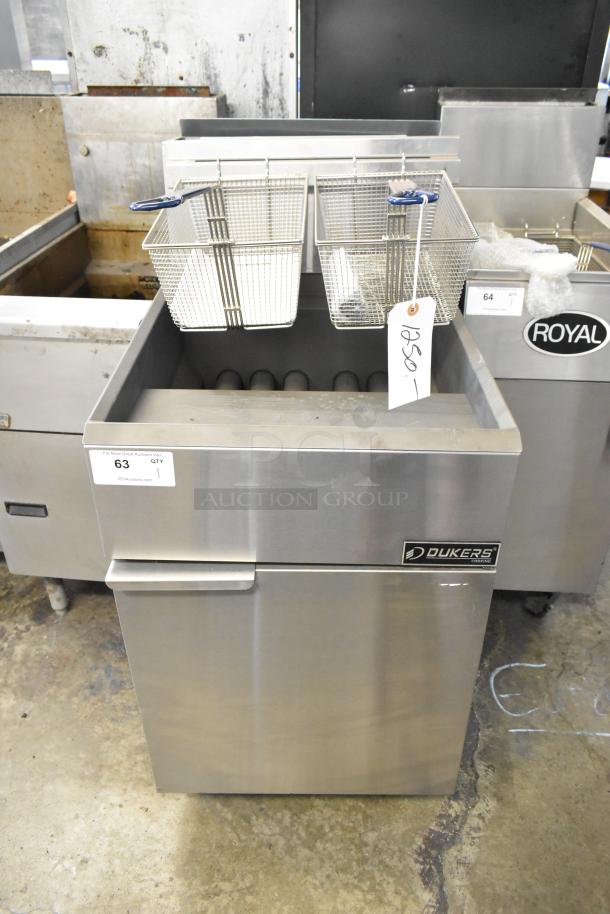 Dukers DCF5-NG stainless steel deep fat fryer, 150,000 BTU, with 2 metal fry baskets on commercial casters.