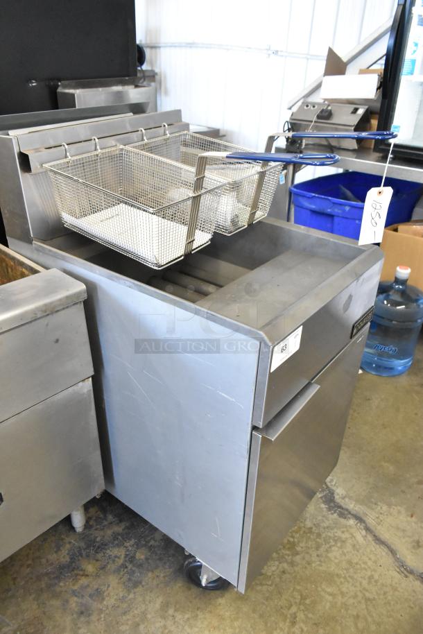 Dukers DCF5-NG natural gas deep fat fryer with 2 baskets, stainless steel, on commercial casters, 150,000 BTU.