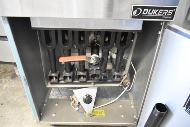 Dukers DCF5-NG stainless steel commercial deep fryer, natural gas, 150,000 BTU, 2 metal baskets, on commercial casters.