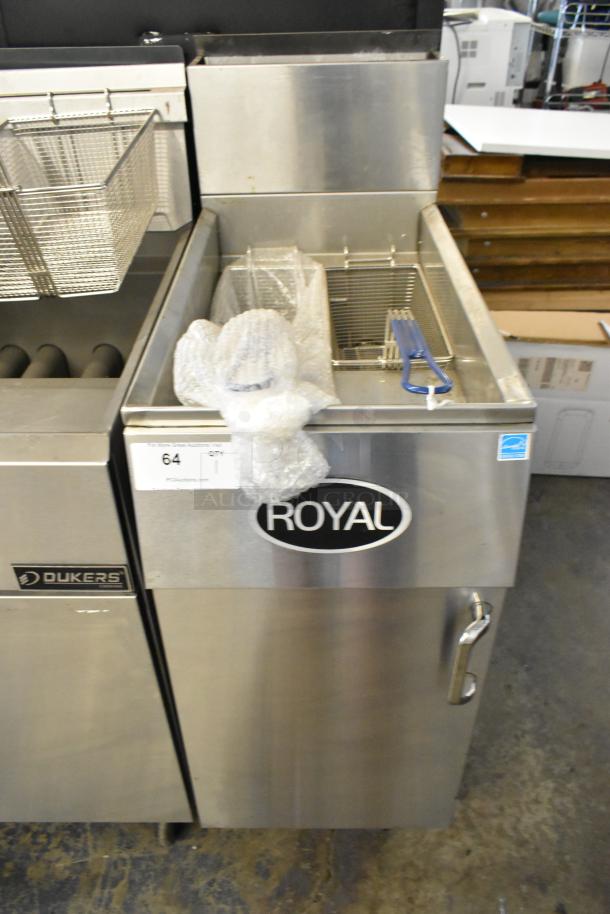 Royal REEF-35 stainless steel deep fat fryer with 2 metal fry baskets on commercial casters, natural gas powered.