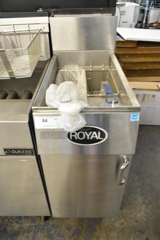 Royal REEF-35 stainless steel deep fat fryer with 2 metal fry baskets on commercial casters, natural gas powered.