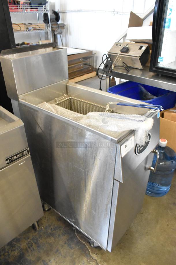 Royal REEF-35 stainless steel deep fryer with 2 metal baskets, natural gas powered, on commercial casters.