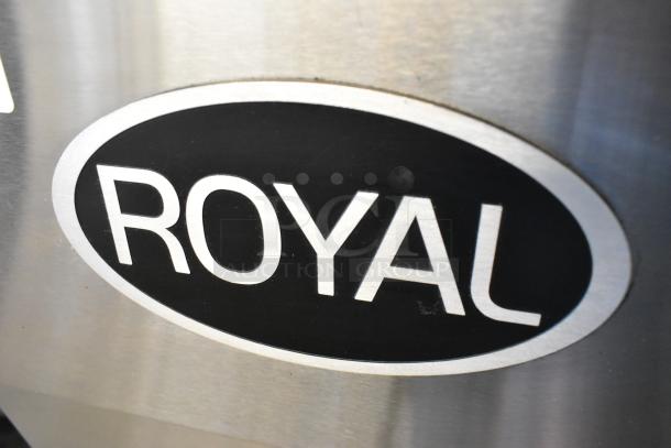 Royal REEF-35 stainless steel natural gas fryer logo close-up. Ideal for commercial use, includes two metal fry baskets.