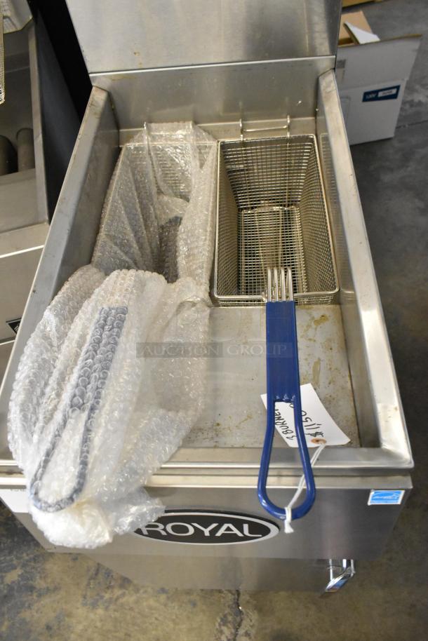 Royal REEF-35 stainless steel commercial deep fat fryer with two metal fry baskets, on casters. Equipped for natural gas.