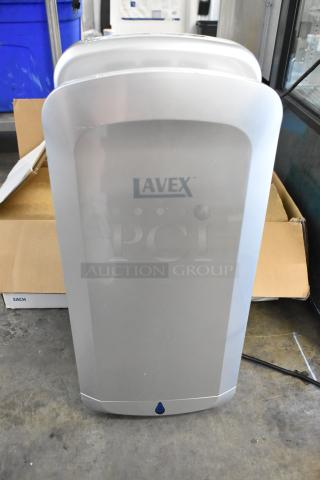 BRAND NEW KW-1091PLUS Silver ABS Plastic Automatic Vertical Hand Dryer with HEPA Filtration, visible Lavex logo.