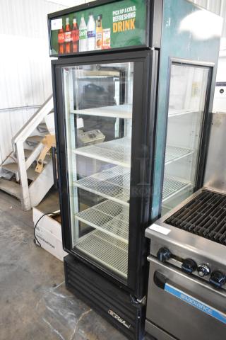 True GEM-26 metal commercial single door cooler merchandiser, 115V, with poly-coated racks, glass door, advertising panel.