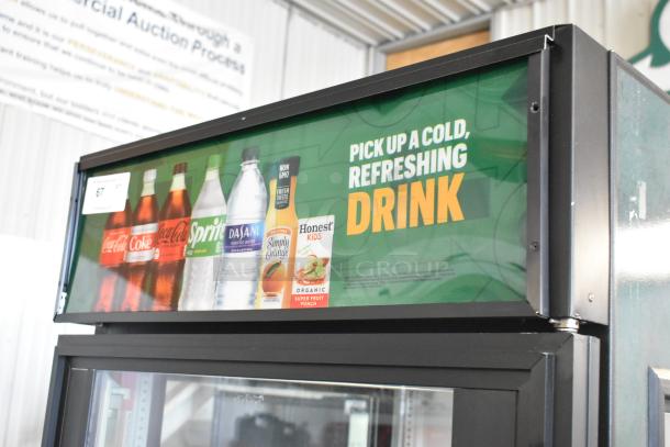 True GEM-26 single door cooler merchandiser with poly coated racks, 115 volts, commercial use. Bright drink display.