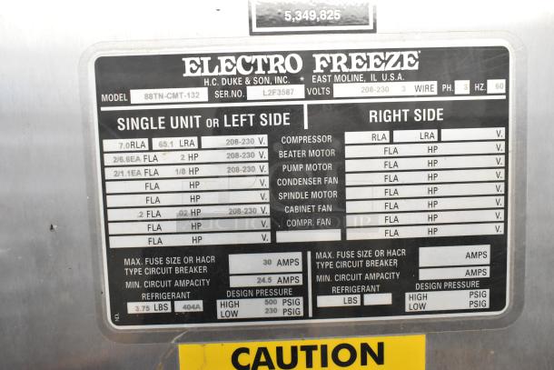 Electro Freeze 88TN-CMT-132 ice cream machine label, showing model, serial number L2F3587, voltage, and specifications.