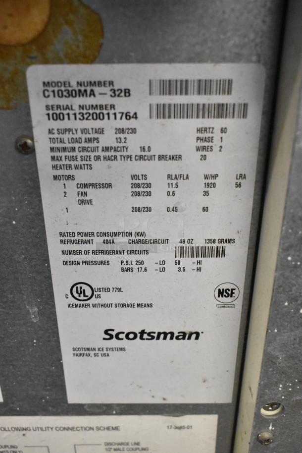 Scotsman C1030MA-32B ice head, stainless steel, commercial use, 208/230V, 1 phase. NSF and UL listed. Model and specs label shown.