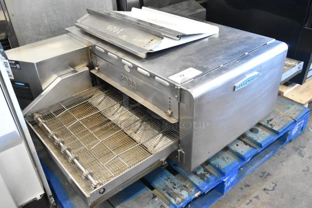 2017 Turbochef HhC2020 stainless steel rapid cook conveyor oven, electric, 208/240V, 3 phase, on blue pallet.