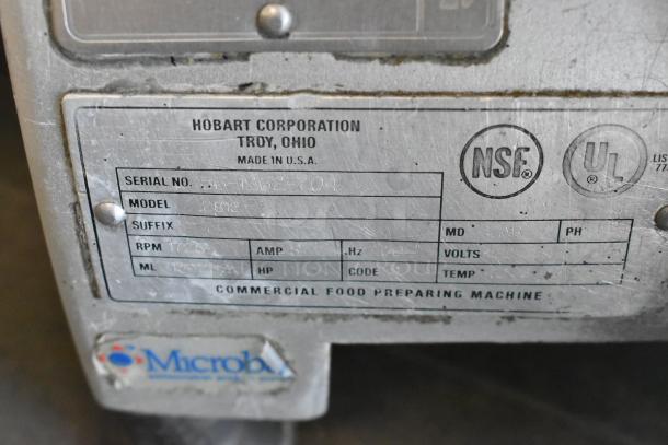 Hobart 2812 Stainless Steel Commercial Meat Slicer label with serial number, model, and certification marks.
